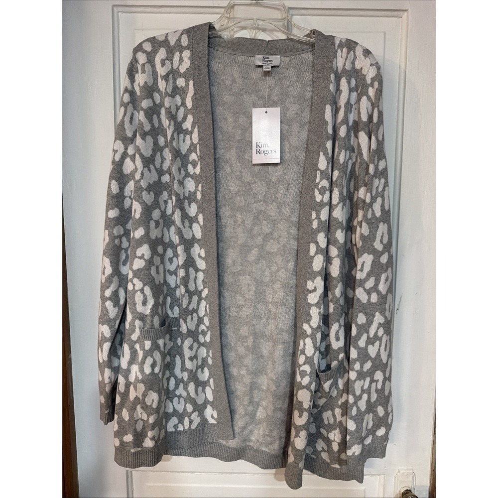 Kim Rogers Women's Light Gray Leopard Print Open Front Cardigan Size Large NWT